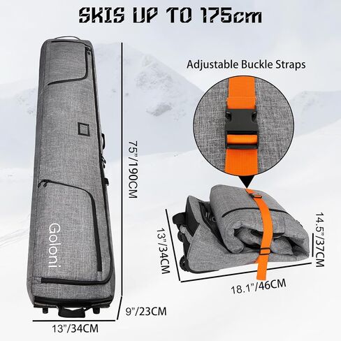 Goloni Ski Bag with Wheels,Padded Snowboard Bag for Air Travel,600D Waterproof Fabric,Foldable Snow Bag Fits 2 Pairs Skis in Kuwait
