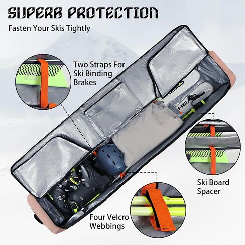 Goloni Ski Bag with Wheels,Padded Snowboard Bag for Air Travel,600D Waterproof Fabric,Foldable Snow Bag Fits 2 Pairs Skis in Saudi Arabia