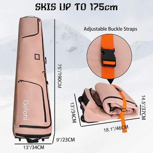 Goloni Ski Bag with Wheels,Padded Snowboard Bag for Air Travel,600D Waterproof Fabric,Foldable Snow Bag Fits 2 Pairs Skis in Saudi Arabia