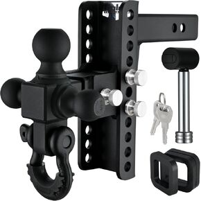 Adjustable Trailer Hitch, 8" Drop Hitch Fits 2-in Receiver, Heavy Duty Tow Hitch with Tri-Ball&Rotatable Shackle, 1-7/8" & 2" &2-5/16" Ball, Black