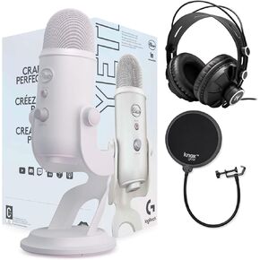 Blue Microphones Yeti USB Microphone (White Mist) Bundle with Monitor Headphones, AUX Adapters and Pop Filter (4 Items)