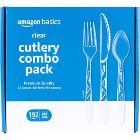 Amazon Basics Disposable Clear Assorted Cutlery Set, Premium Quality, 192 Count, Large Combo Pack Forks, Spoon and Knives