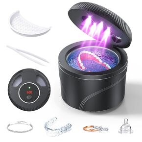 Ultrasonic Retainer Cleaner, 45kHz Retainer Cleaner Machine for Dentures, Mouth Guards, Aligner, Toothbrush Heads, Jewelry, 4 Modes Denture Cleaner with Digital Timer & 200ML Dental Cleaning Pod