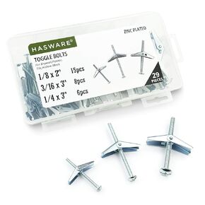 HASWARE Toggle Bolt 29 Pcs Zinc Plated Steel 1/8",3/16",1/4" and Wing Nut Assortment Kit for Hanging Heavy Items on Drywall