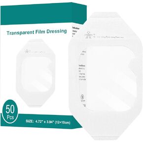 Transparent Film Dressing 4" x 4.75" (50Packs), Waterproof Clear Bandages FSA HSA Eligible, Adhesive Wound Cover for Post Surgical Shower, IV Shield, Tattoo Aftercare