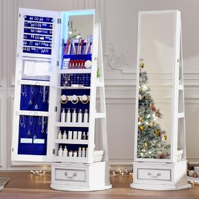 Vlsrka 360° Swivel Jewelry Mirror Cabinet with Lights, Standing Jewelry Armoire Organizer Rotatable Full Length Mirror with Jewelry Storage, Lockable with Rear Storage Shelves, Built-in Makeup Mirror