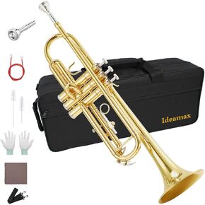 Bb Standard Trumpet Set, Brass Student Trumpet Instrument for Beginner with Hard Case, Cleaning Kit, 7C Mouthpiece and Gloves, Golden