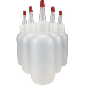 Hobbyland Squeeze Bottles, LDPE Plastic Bottles, Natural Boston Round Bottles, Yorker Spout Red Caps, Tips have .30 Hole (4oz, 24/410 Neck, 6 Bottles)