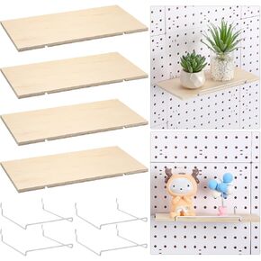 4 Pcs Pegboard Shelves Wooden Pegboard Shelf with Metal Pegboard Shelf Brackets Peg Board Display Shelves Storage Tray Wall Organizer Pegboard Accessories for Craft Room Home Office Kitchen