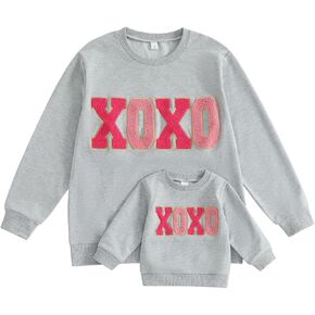 Family Matching Mommy and Me Valentine's Day Sweatshirt Long Sleeve Crewneck Embroidery Pullover Top