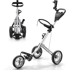 Golf Push Cart 3 Wheel, Golf Bag Cart,New-Version Foldable Golf Push Cart with Foot Brake, Golf Pull cart with Umbrella Holder and Beverage Holder