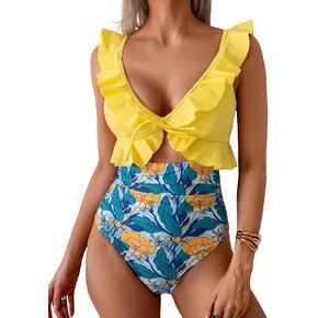 Eomenie One Piece Swimsuit for Women Tummy Control Ruffle Bathing Suit V Neck Ruched Swim Suit Slimming Cutout Swimwear
