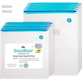 Vacuum Zipper Bags for Food - 20 Reusable Sous Vide Bags for Anova, Joule Cookers - 2 Sizes Sous Vide Bag Kit - 2 Sealing Clips for Food Storage and Sous Vide Cooking