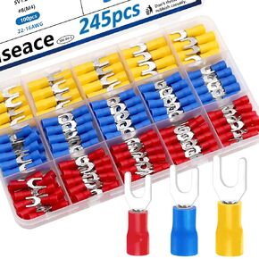 smseace 245 قطعة #8 موصلات شوكة بأسمائها الحقيقية 22-16/16-14/12-10 AWG موصلات طرفية للشوكة موصلات شوكة سلكية معزولة موصلات طرفية تجعيد من النوع U