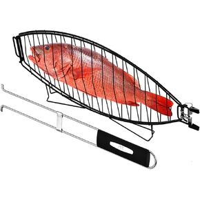 RTT's Fish Grill Basket - Premium Stainless Steel Large Fish Basket for Grilling - Portable Folding Grill Basket For Fish With Detachable Handle - Perfect for Cooking Whole Fish