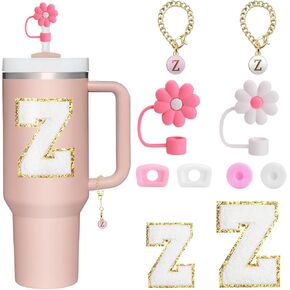 BABORUI 10Pcs Cup Accessories for Stanley Cup 40oz&30oz, Personalized Decoration with Straw Cover Cap, Spill Stopper, Embroidered Letter Sticker and Letter Charms, Initial Name ID for Stanley (Z)