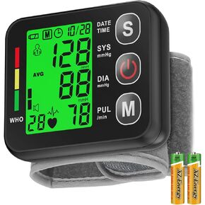 Wrist Blood Pressure Monitor -Bp Monitor, Automatic Blood Pressure Cuff 13.5-19.5 cm, High Accuracy, Backlit LCD Screen - 2 * 99 Sets of Memory for Home/Travel/Office Use