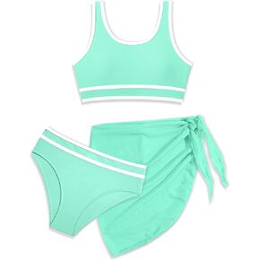 Girls Swimsuit Double Strap High Waist Sporty Bikini Swimsuits Swim Cover Up Skirt 3 Piece Set