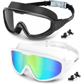 Swim Goggles 2 Pack for Adult Men Women, Anti-fog UV Protection No Leak 180° Wide View Clear Vision Pool Goggles