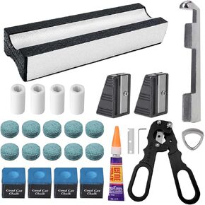 25 pcs Pool Cue Tips Replacement Kit, 3 in 1 Pool Cue Tip Shaper, 1 Billiards Cue Tip Cutter, 10 Billiard Cue Tips, 4 Ferrules, 4 Chalk Cubes, 2 Cue Tips Trimmers, 1 Pool Cue Tip Clamp