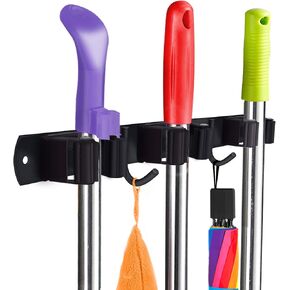 Huryfox Heavy-Duty Stainless Steel Broom Holder, Black, Wall Mount, 1-4 cm Diameter Compatible, Adjustable, 3 Racks, 2 Hooks, Space-Saving