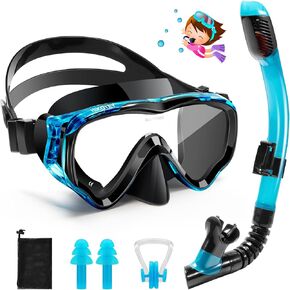 Kids Snorkel Set, Dry Snorkel Set Kids Anti-Fog Panorama, Leakproof Diving Mask Dry Snorkel with Ear Plugs, Snorkel Set for Men (4-12 Years) - Blue+Black