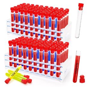 Lawei 100Pcs Plastic Test Tubes with Rack, 16 x 100mm Clear Test Tubes with Cap and 50 Holes Tubes Rack, Test Tubes Holder for Scientific Experiments Candy Storage Party Decorations