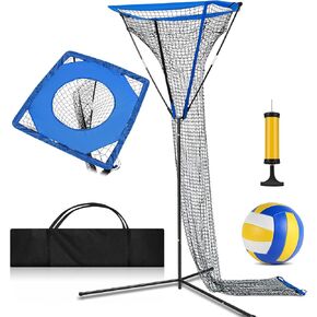 Meooeck 3 x 3 ft Volleyball Setter Training Net Quick and Easy Setup Adjustable Angle with PU Volleyball with Pump and Carrying Bag for Serving Spiking Setting Indoor Outdoor Training(Blue)