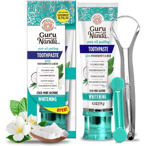GuruNanda Hydroxyapatite Toothpaste, SLS & Fluoride Free, Whitening Toothpaste - Freshens Breath, Fights Plaque - Natural CocoMint Jasmine Neem, 4.2oz