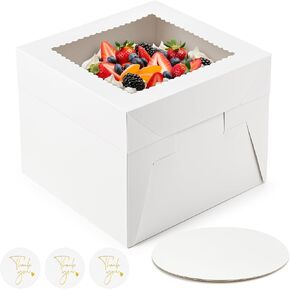 2 Pack Cake Boxes, 10 x 10 x 8 Inches Tall Bakery Box with Window and Cake Boards, Disposable Cake Containers for Valentine's Day, Wedding, Birthday, Party