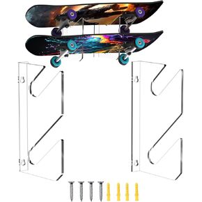 WANLIAN Skateboard Wall Mount Horizontal Skateboard Display Rack with Hangers for Snowboards, Skateboard Decks, Skateboard and Longboard Storage, Space Saving Design (Clear, ‎3-Tier)