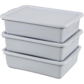13 Liter Plastic Bus Tubs with Lids, Commercial Tote Box Set of 3, Grey