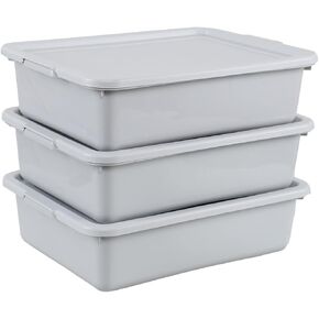 3-Pack 13 L Plastic Bus Tub Box, Commercial Bus Tub with Lid, Grey