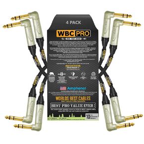 وحدتان - 10 أقدام - كابل WBC-PRO-Quad فائق الصمت والمرن ومتوازن للغاية مع Amphenol QS3R-AU ¼ بوصة (6.35 مم) مقابس هاتف ستيريو TRS ذهبية بزاوية قائمة وسترة تويد سوداء