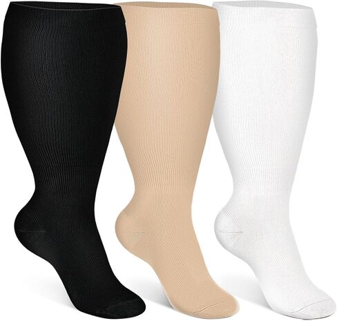 3 Pairs Plus Size Compression Socks for Wide Calf Women and Men 2XL Graduated Compr Sock Stockings for Travel Flight Athletic Sports Running Teathers Older Adult Elderly Must Haves White Nude Black in Saudi Arabia