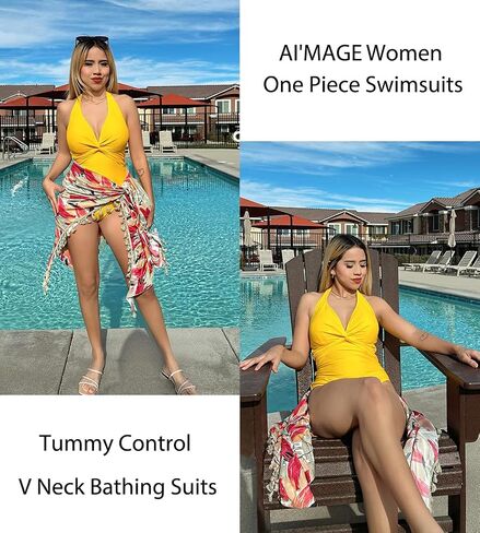 AI'MAGE Women's One Piece Swimsuits V Neck Tummy Control High Waisted Bathing Suit Halter Top Swimwear in Saudi Arabia