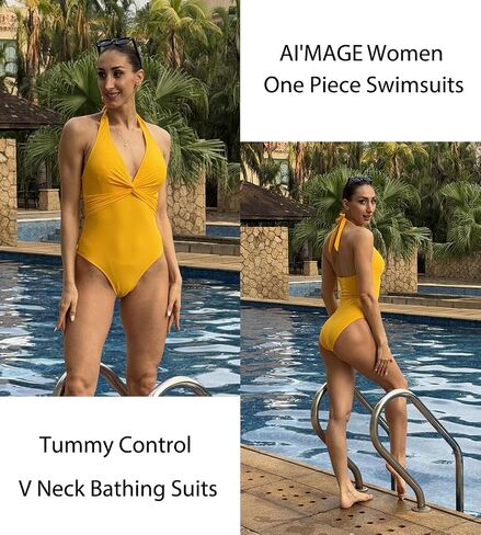 AI'MAGE Women's One Piece Swimsuits V Neck Tummy Control High Waisted Bathing Suit Halter Top Swimwear in Saudi Arabia