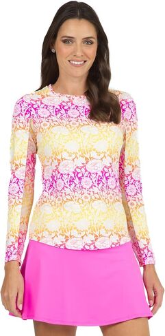 IBKUL Athleisure Wear واقي من الشمس بعامل حماية من أشعة الشمس 50+ Icefil Cooling Tech Jesse Print بأكمام طويلة وياقة دائرية - 12538 وردي فاقع/ترك جيسي S in Kuwait