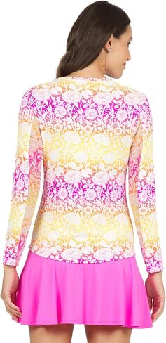 IBKUL Athleisure Wear واقي من الشمس بعامل حماية من أشعة الشمس 50+ Icefil Cooling Tech Jesse Print بأكمام طويلة وياقة دائرية - 12538 وردي فاقع/ترك جيسي S in Kuwait