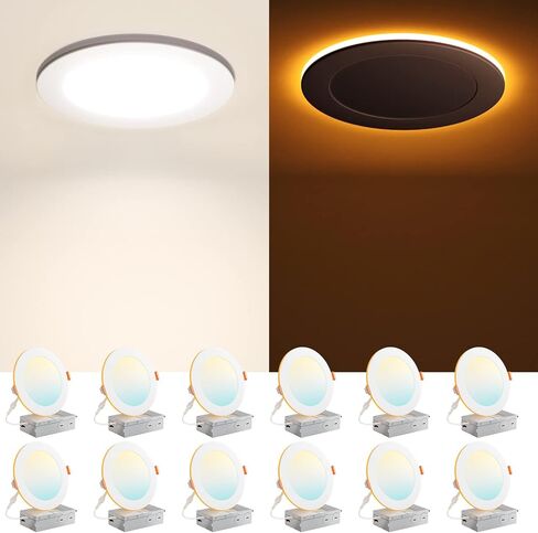 Amico 12 Pack 6 Inch 5CCT LED Recessed Ceiling Light with Night Light, 2700K/3000K/3500K/4000K/5000K Selectable Ultra-Thin Lighting, 12W=110W, 1100LM, Dimmable Canless Wafer Downlight ETL&FCC in Saudi Arabia