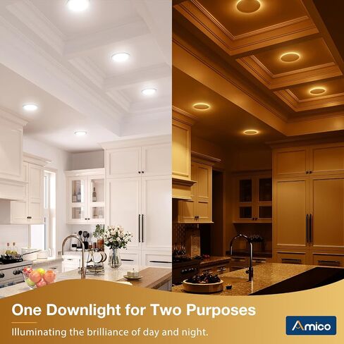 Amico 12 Pack 6 Inch 5CCT LED Recessed Ceiling Light with Night Light, 2700K/3000K/3500K/4000K/5000K Selectable Ultra-Thin Lighting, 12W=110W, 1100LM, Dimmable Canless Wafer Downlight ETL&FCC in Saudi Arabia