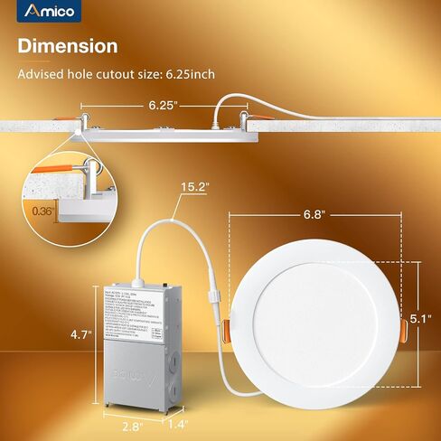 Amico 12 Pack 6 Inch 5CCT LED Recessed Ceiling Light with Night Light, 2700K/3000K/3500K/4000K/5000K Selectable Ultra-Thin Lighting, 12W=110W, 1100LM, Dimmable Canless Wafer Downlight ETL&FCC in Saudi Arabia
