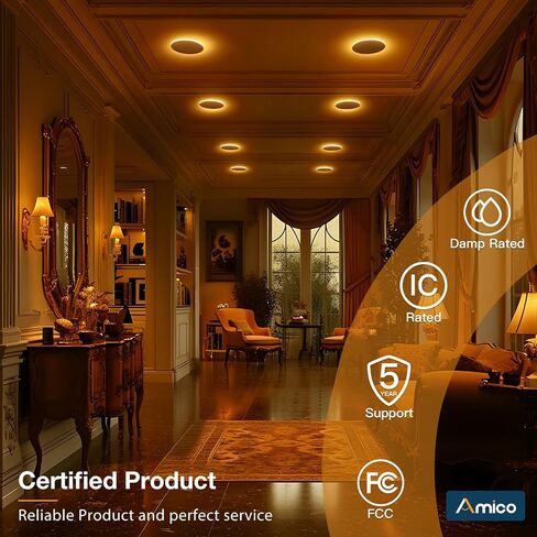 Amico 12 Pack 6 Inch 5CCT LED Recessed Ceiling Light with Night Light, 2700K/3000K/3500K/4000K/5000K Selectable Ultra-Thin Lighting, 12W=110W, 1100LM, Dimmable Canless Wafer Downlight ETL&FCC in Saudi Arabia