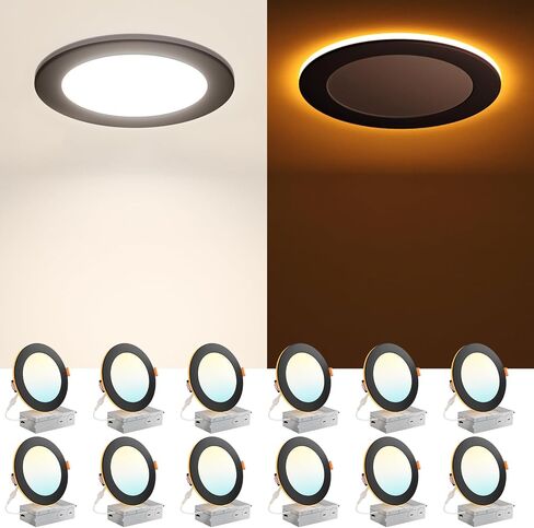 Amico 12 Pack 6 Inch 5CCT LED Recessed Ceiling Light with Night Light, 2700K/3000K/3500K/4000K/5000K Selectable Ultra-Thin Lighting, 12W=110W, 1100LM, Dimmable Canless Wafer Downlight ETL&FCC in Saudi Arabia