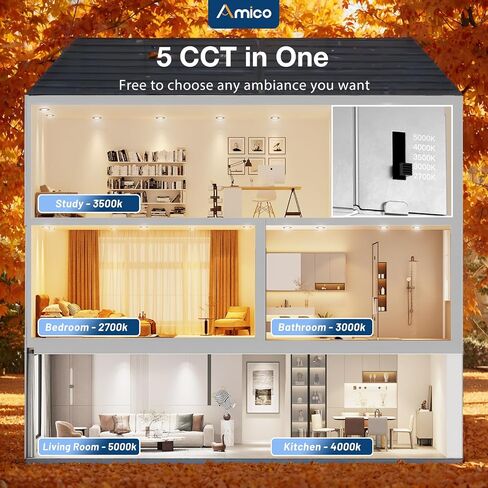 Amico 12 Pack 6 Inch 5CCT LED Recessed Ceiling Light with Night Light, 2700K/3000K/3500K/4000K/5000K Selectable Ultra-Thin Lighting, 12W=110W, 1100LM, Dimmable Canless Wafer Downlight ETL&FCC in Saudi Arabia