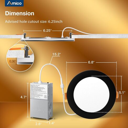 Amico 12 Pack 6 Inch 5CCT LED Recessed Ceiling Light with Night Light, 2700K/3000K/3500K/4000K/5000K Selectable Ultra-Thin Lighting, 12W=110W, 1100LM, Dimmable Canless Wafer Downlight ETL&FCC in Saudi Arabia