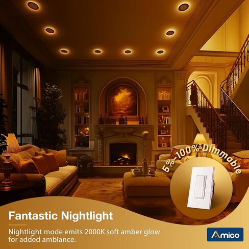 Amico 12 Pack 6 Inch 5CCT LED Recessed Ceiling Light with Night Light, 2700K/3000K/3500K/4000K/5000K Selectable Ultra-Thin Lighting, 12W=110W, 1100LM, Dimmable Canless Wafer Downlight ETL&FCC in Saudi Arabia