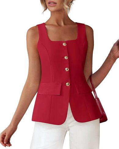 BTFBM Womens Sleeveless Suit Vests Dressy Casual Square Neck Business Work Waistcoat Summer Button Up Blazer Vest Tops in Kuwait