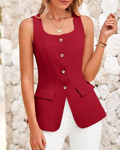 BTFBM Womens Sleeveless Suit Vests Dressy Casual Square Neck Business Work Waistcoat Summer Button Up Blazer Vest Tops in Kuwait