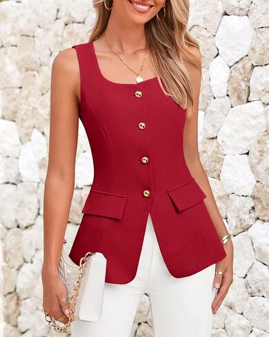 BTFBM Womens Sleeveless Suit Vests Dressy Casual Square Neck Business Work Waistcoat Summer Button Up Blazer Vest Tops in Kuwait